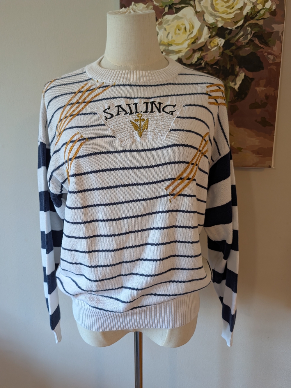 Vintage Sailing Embroidered Striped Crewneck Sweater - White & Navy